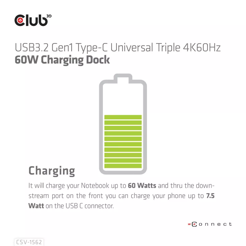 CLUB3D CSV-1562 on USB3.2 Gen1 Type-C universaalne kolmekordne 4K30Hz laadimisdokkimisjaam, mis on DisplayLink® sertifitseeritud. Universaalne laadimisdokk