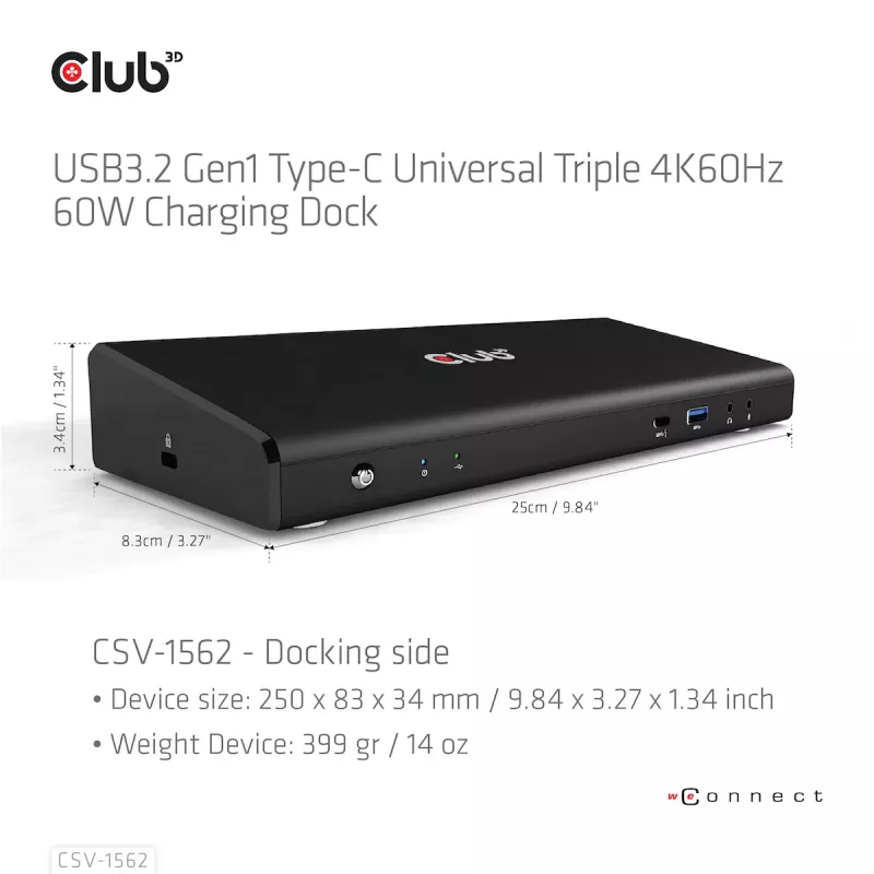 CLUB3D CSV-1562 on USB3.2 Gen1 Type-C universaalne kolmekordne 4K30Hz laadimisdokkimisjaam, mis on DisplayLink® sertifitseeritud. Universaalne laadimisdokk