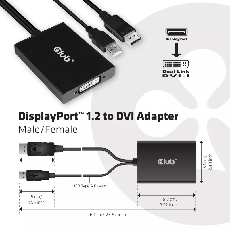 CLUB3D DisplayPort Dual Link DVI-D HDCP ON versiooniga aktiivne adapter M/F