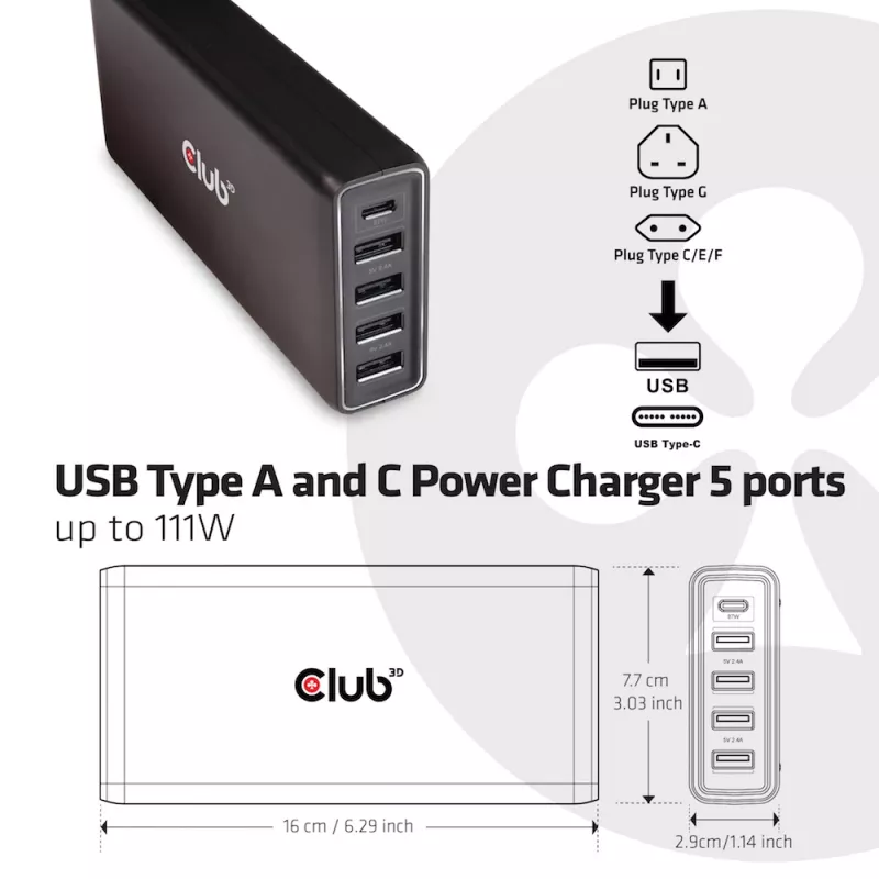 CLUB3D USB Type A ja C toitelaadija, 5 porti kuni 111W