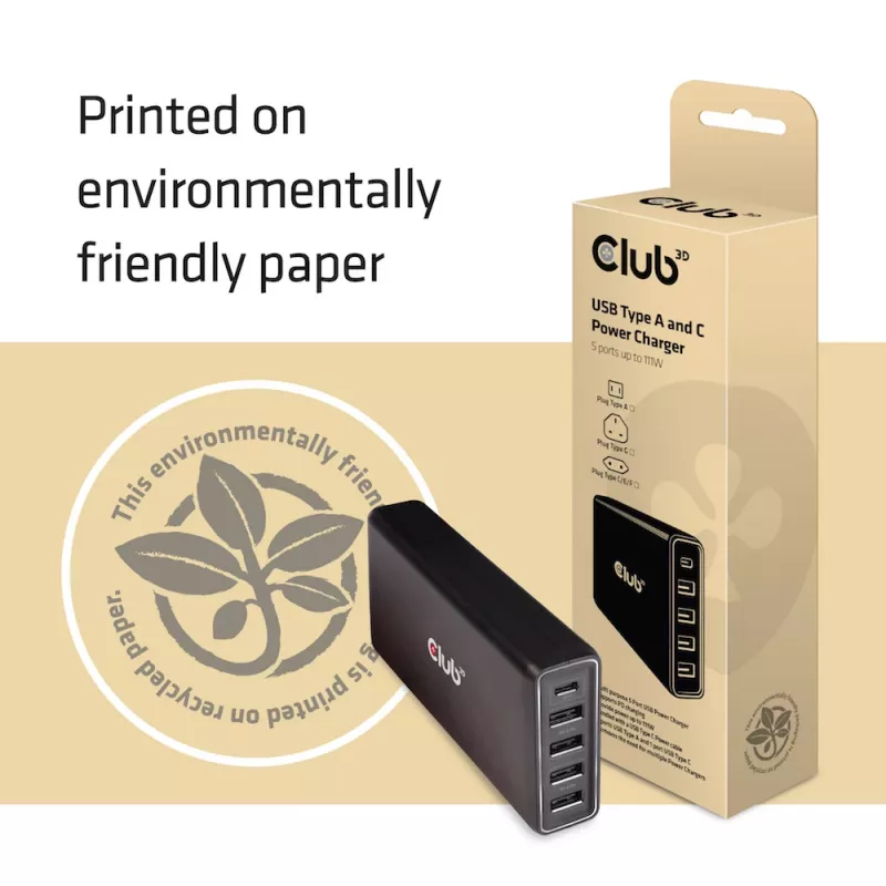 CLUB3D USB Type A ja C toitelaadija, 5 porti kuni 111W
