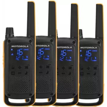 Kahesuunaline raadio Motorola Talkabout T82 Extreme Quad Pack — 4 × PMR-seadet, 16 kanalit, IPX4, 500 mW, NiMH taaslaetav, micro-USB