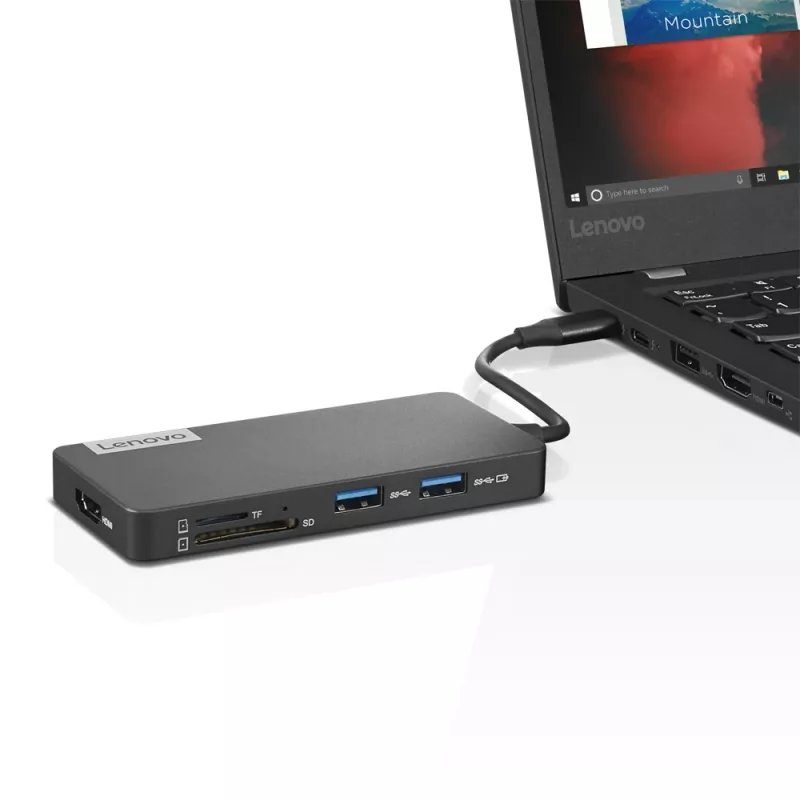 Lenovo GX90T77924 dokkimisjaam — USB-C jaotur HDMI 1.4-ga, 2×USB-A 3.2 Gen1, USB‑2.0, microSD-kaardilugeja, hall