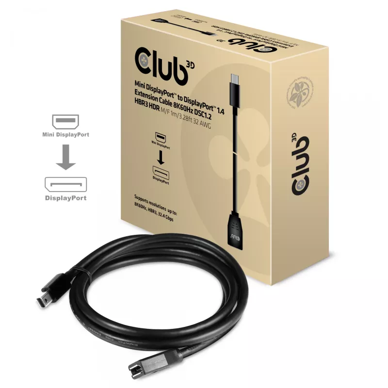 CLUB3D Mini DisplayPort to DisplayPort1.4 pikenduskaabel 8K60Hz DSC1.2 HBR3 HDR M/F 1m/3.28 jalga