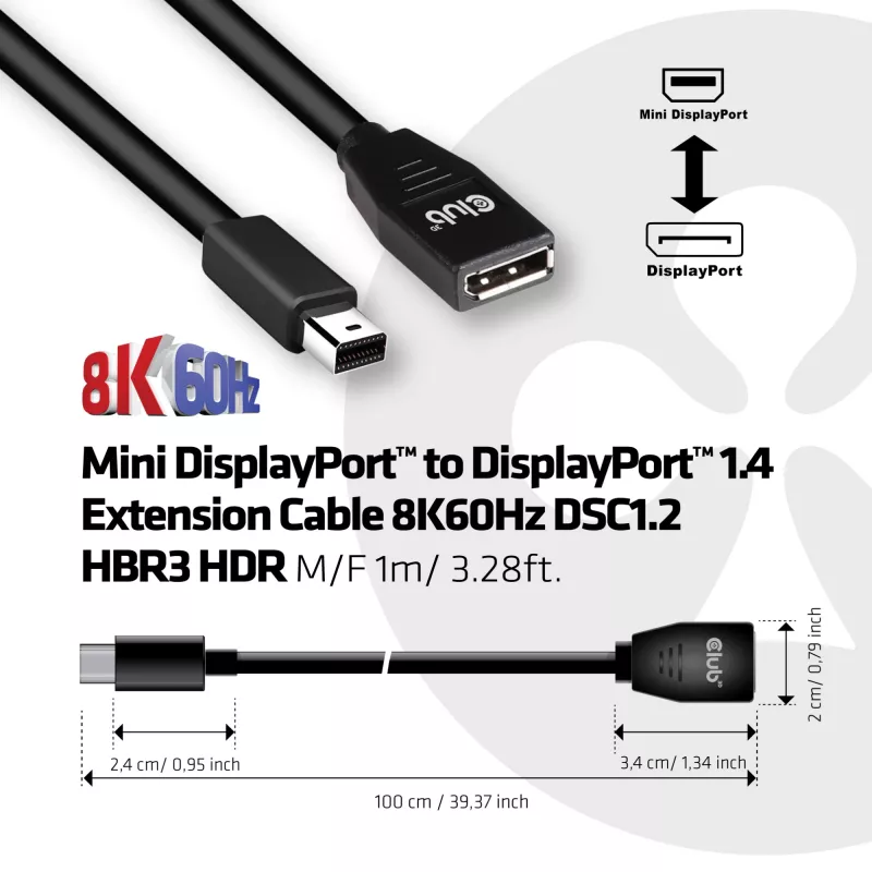 CLUB3D Mini DisplayPort to DisplayPort1.4 pikenduskaabel 8K60Hz DSC1.2 HBR3 HDR M/F 1m/3.28 jalga