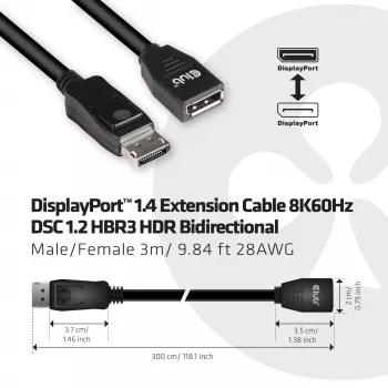 CLUB3D DisplayPort 1.4 pikenduskaabel 8K60Hz DSC 1.2 HBR3 HDR kahesuunaline M/F 3m/9.84ft