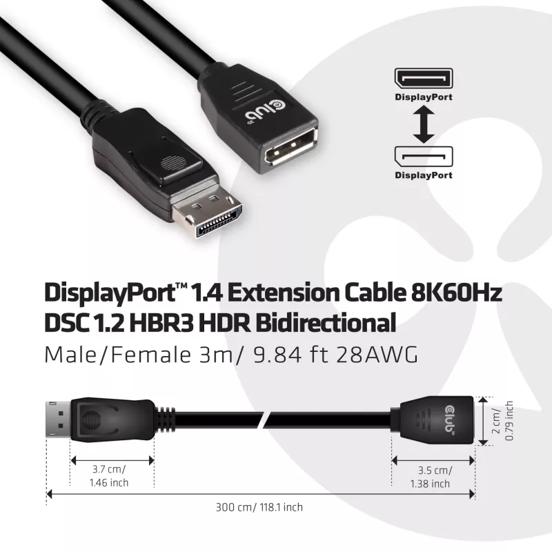 CLUB3D DisplayPort 1.4 pikenduskaabel 8K60Hz DSC 1.2 HBR3 HDR kahesuunaline M/F 3m/9.84ft