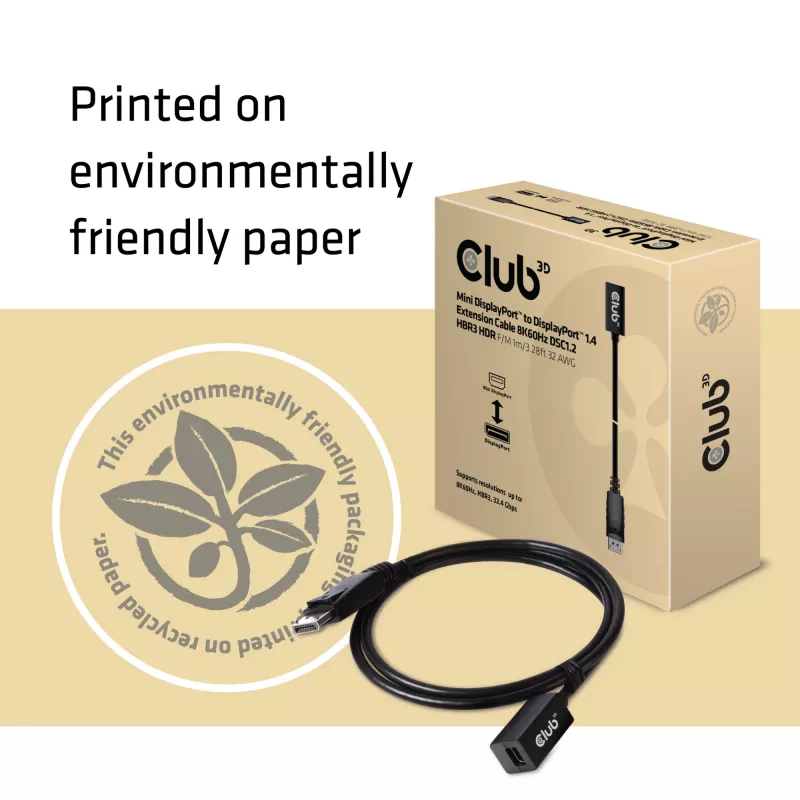 CLUB3D Mini DisplayPort 1.4 to DisplayPort pikenduskaabel 8K60Hz DSC 1.2 HBR3 HDR kahesuunaline F/M 1m/3.28ft