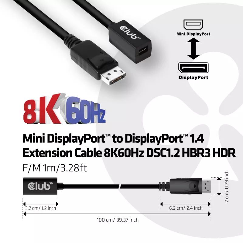 CLUB3D Mini DisplayPort 1.4 to DisplayPort pikenduskaabel 8K60Hz DSC 1.2 HBR3 HDR kahesuunaline F/M 1m/3.28ft
