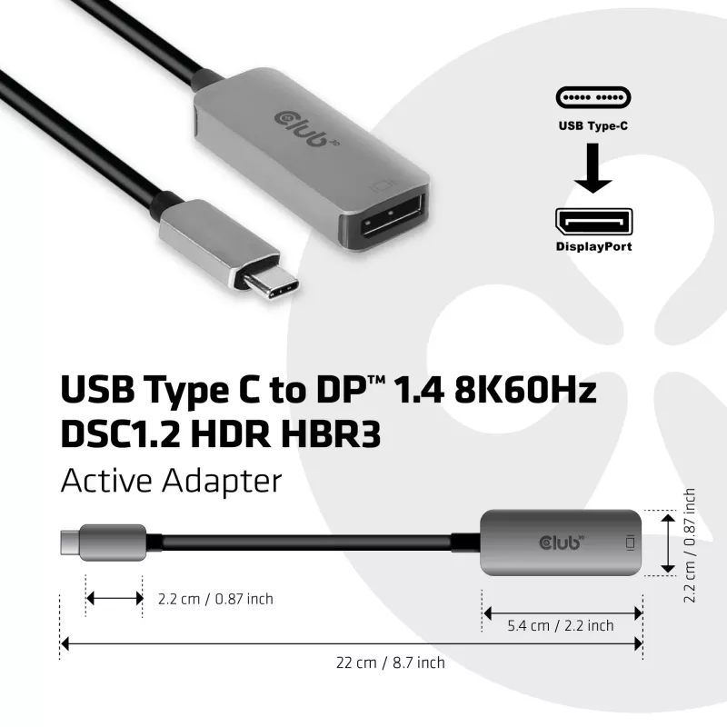 CLUB3D USB Type C kuni DisplayPort 1.4 8K60Hz HBR3 aktiivadapter