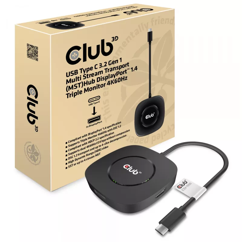 CLUB3D USB Type C 3.2 Gen 1 Multi Stream Transport (MST) Hub DisplayPort 1.4 kolme monitori jaoks