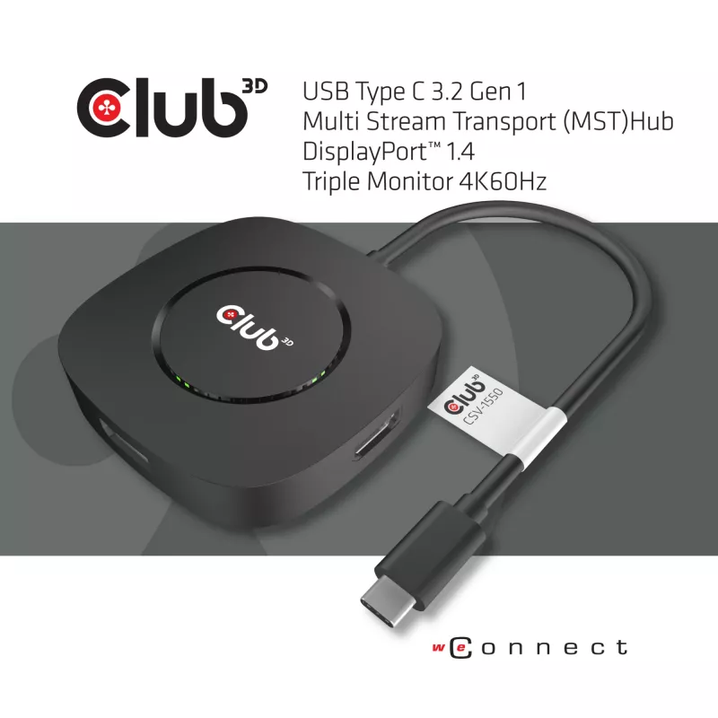 CLUB3D USB Type C 3.2 Gen 1 Multi Stream Transport (MST) Hub DisplayPort 1.4 kolme monitori jaoks