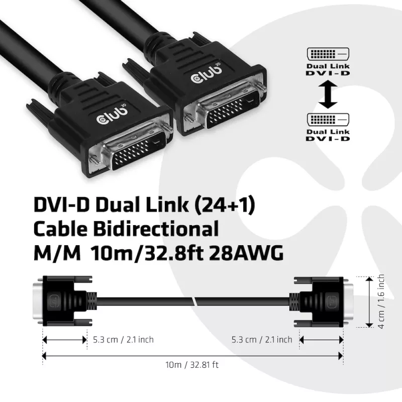 CLUB3D DVI-D Dual Link (24+1) kaabel kahepoolne M/M 10m/32.8ft 28AWG