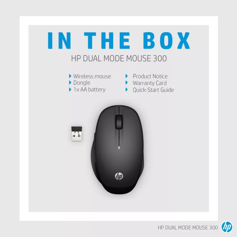 HP Dual Mode Black Mouse 300, paremakäeline, optiline, RF-juhtmevaba, 3600 DPI, must