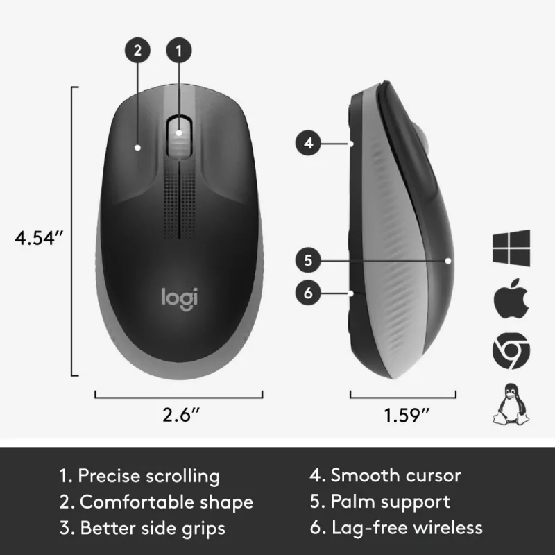 LOGITECH M190 täissuuruses juhtmevaba hiir – keskmine hall