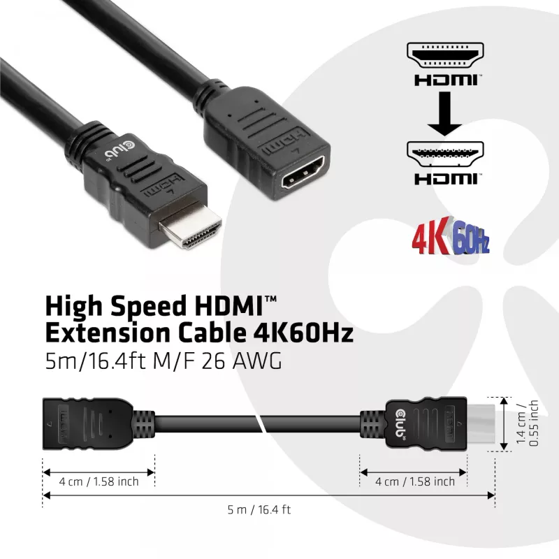 CLUB3D High Speed HDMI™ pikenduskaabel 4K60Hz M/F 5m/16.4ft 26 AWG