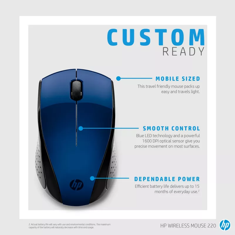 HP Wireless Mouse 220 (Lumiere Blue), kahe käe jaoks, RF juhtmevaba, sinine