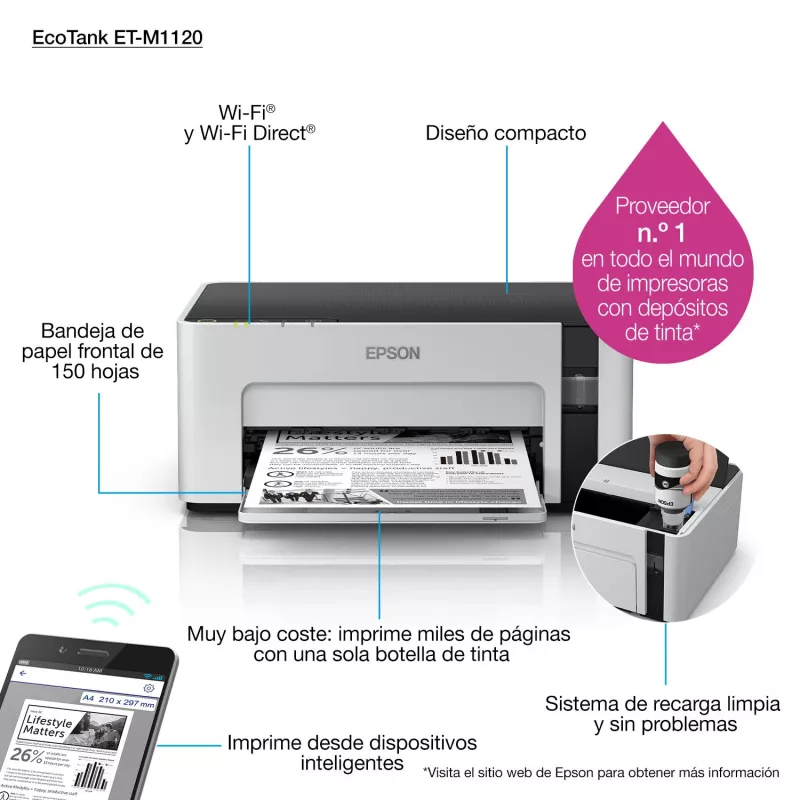 Inkjet-printer Epson EcoTank ET-M1120 — monokroomne, A4, 1440x720 DPI, Wi‑Fi, täidetav tindipaak