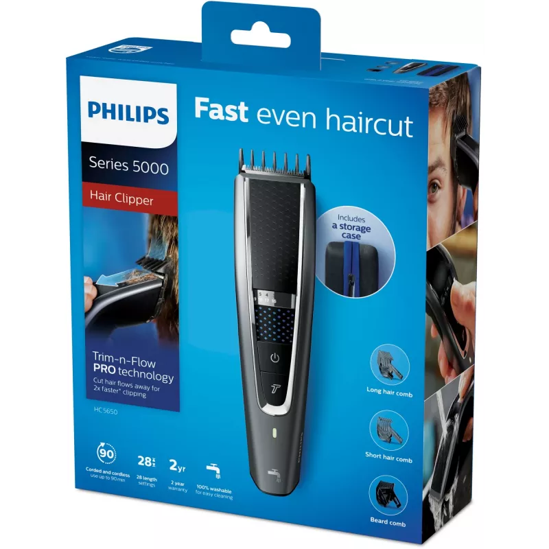 Juukselõikur Philips 5000 series HC5650/15 — juhtmevaba, Li-Ion aku, 90 min, 28 pikkuse astet (0,5–28 mm), 41 mm roostevabast terasest lõiketera