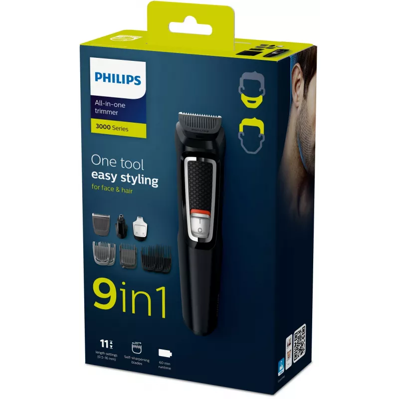 Multigroomer trimmer Philips MULTIGROOM Series 3000 9-in-1 MG3740/15 — NiMH aku, 60 min tööaeg, roostevabast terasest terad, 9 kammi, must