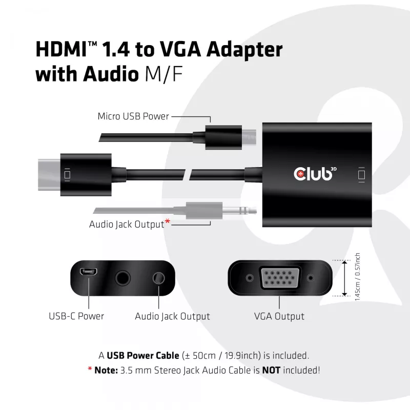 CLUB3D CAC-1302 videokaabli adapter 0,5 m HDMI Type A (Standard) VGA (D-Sub) must