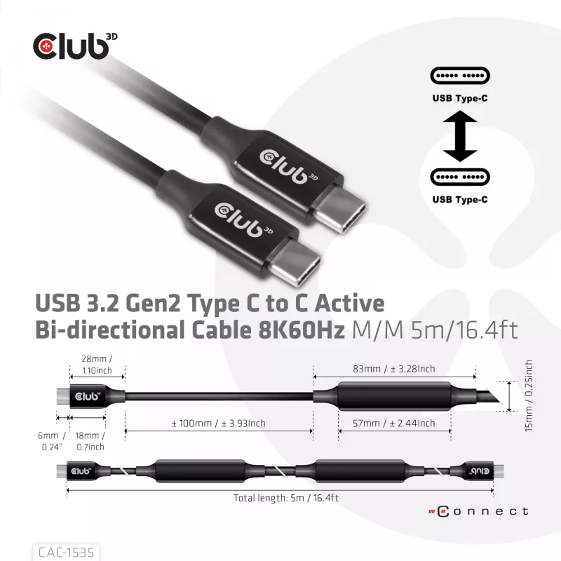 CLUB3D USB 3.2 Gen2 Type C to C Active Bi-directional kaabel 8K60Hz M/M 5m/16.4ft