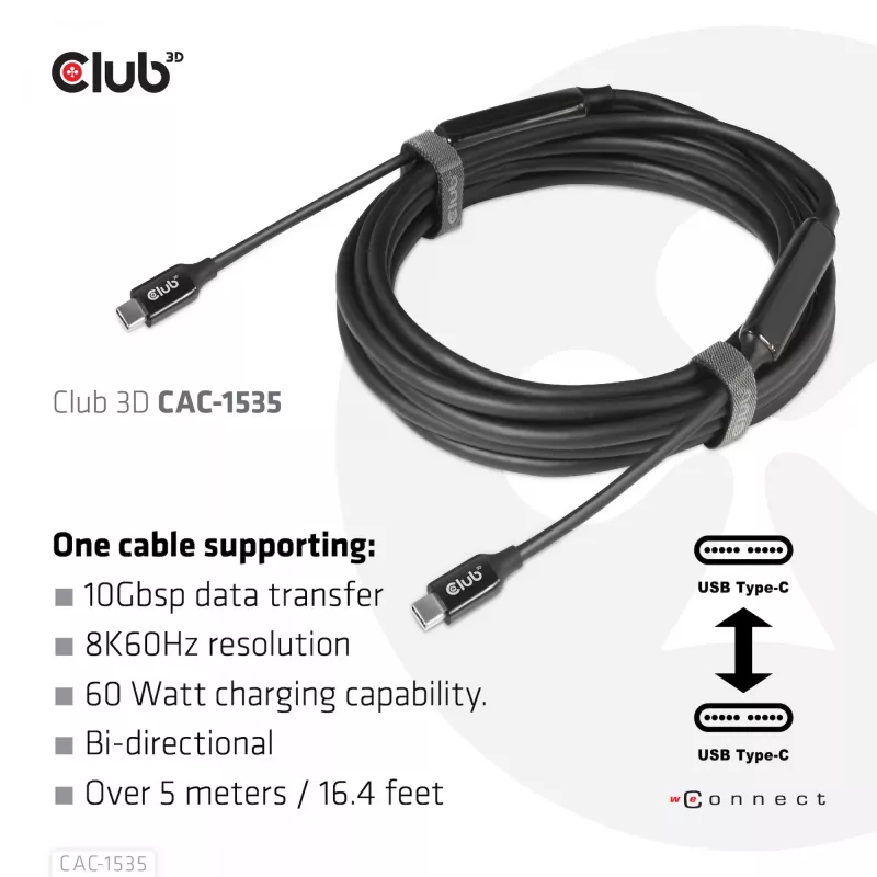 CLUB3D USB 3.2 Gen2 Type C to C Active Bi-directional kaabel 8K60Hz M/M 5m/16.4ft