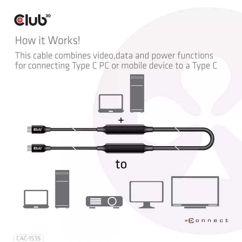 CLUB3D USB 3.2 Gen2 Type C to C Active Bi-directional kaabel 8K60Hz M/M 5m/16.4ft