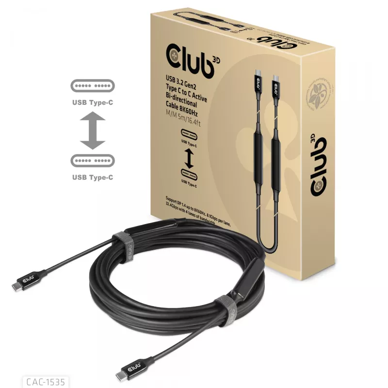 CLUB3D USB 3.2 Gen2 Type C to C Active Bi-directional kaabel 8K60Hz M/M 5m/16.4ft