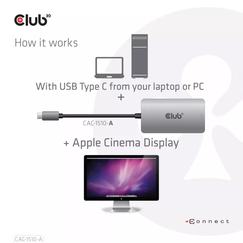 CLUB3D USB3.2 Gen1 Type-C kuni Dual Link DVI-D HDCP OFF versiooni aktiivne adapter M/F Apple Cinema Displays jaoks