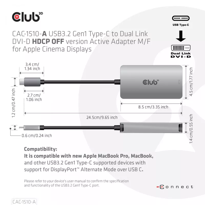 CLUB3D USB3.2 Gen1 Type-C kuni Dual Link DVI-D HDCP OFF versiooni aktiivne adapter M/F Apple Cinema Displays jaoks