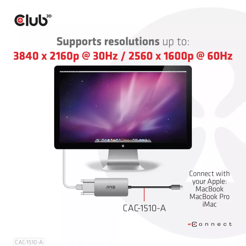 CLUB3D USB3.2 Gen1 Type-C kuni Dual Link DVI-D HDCP OFF versiooni aktiivne adapter M/F Apple Cinema Displays jaoks