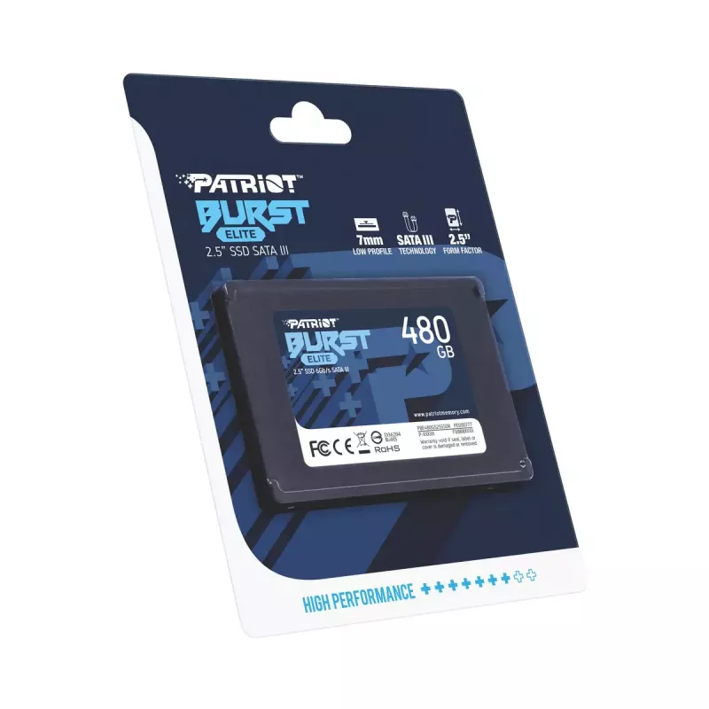 2.5-tolline SATA SSD PATRIOT Burst Elite 480 GB — 450 MB/s lugemine, 320 MB/s kirjutamine, 2.5-tolline SATA III, 7 mm