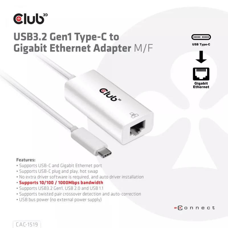 USB3.2 Gen1 USB-C Gigabit Etherneti adapter CLUB3D CAC-1519