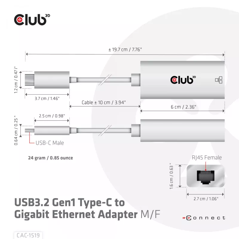 USB3.2 Gen1 USB-C Gigabit Etherneti adapter CLUB3D CAC-1519