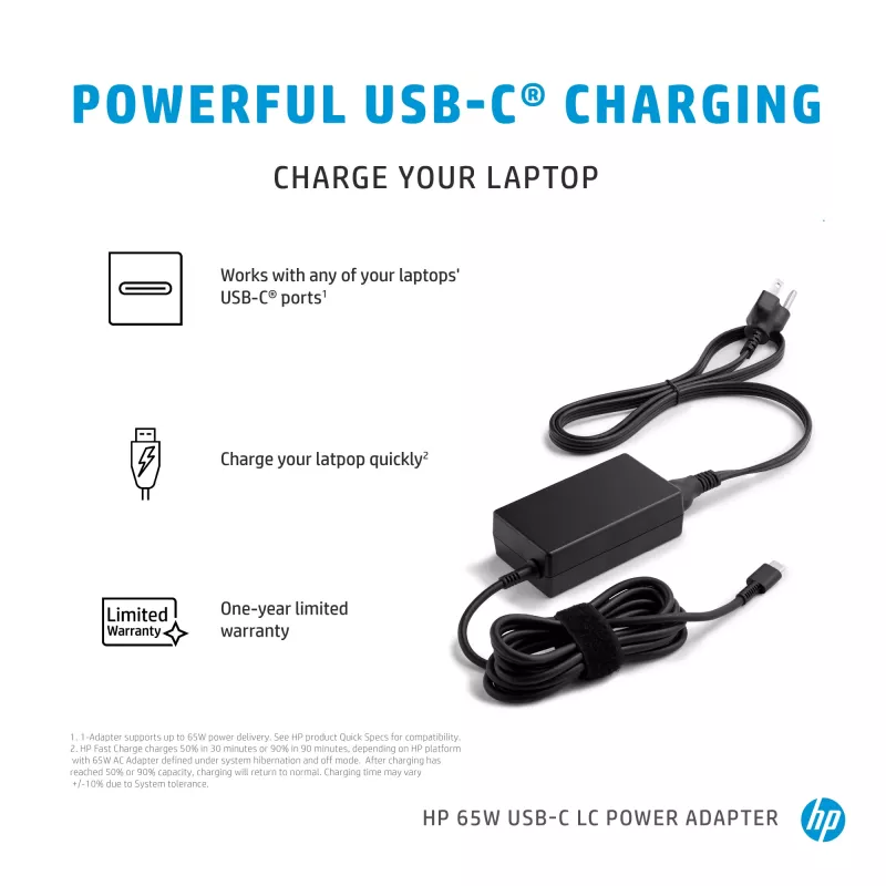HP 65W USB-C LC toiteadapter, sülearvutile, sisetingimustesse, 65 W, AC-to-DC, HP, äriklass
