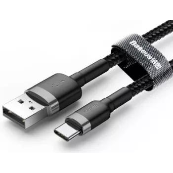 BASEUS punutud Cafule kiirlaadimiskaabel - USB Typee-A kuni Type-C 2A - 3m - hall/must (nailon)