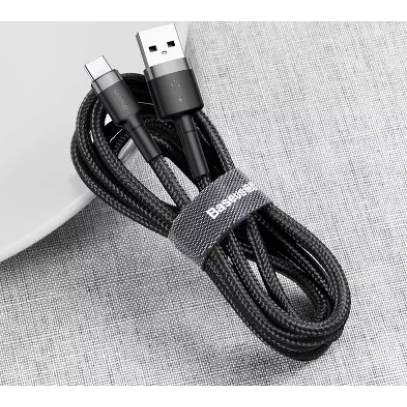 BASEUS punutud Cafule kiirlaadimiskaabel - USB Typee-A kuni Type-C 2A - 3m - hall/must (nailon)