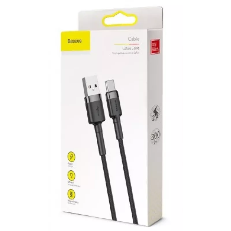 BASEUS punutud Cafule kiirlaadimiskaabel - USB Typee-A kuni Type-C 2A - 3m - hall/must (nailon)