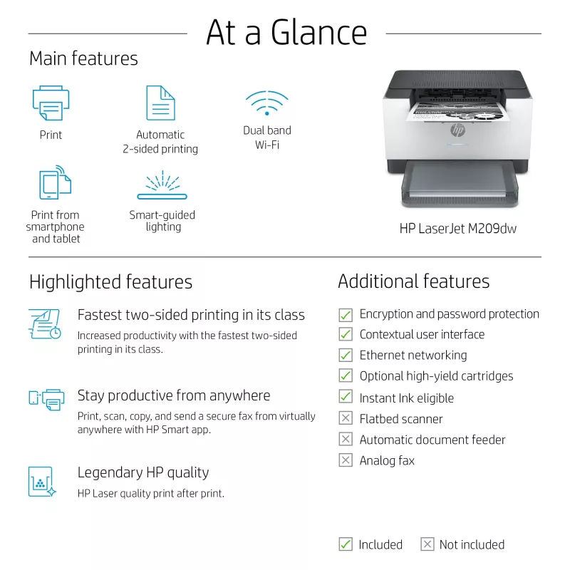 HP LaserJet M209dw Printer, Laser, 600 x 600 DPI, A4, 29 ppm, Duplex printing, White