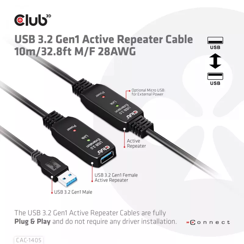 CLUB3D USB 3.2 Gen1 aktiivne korduvkaabel 10 m / 32.8ft M/F 28AWG