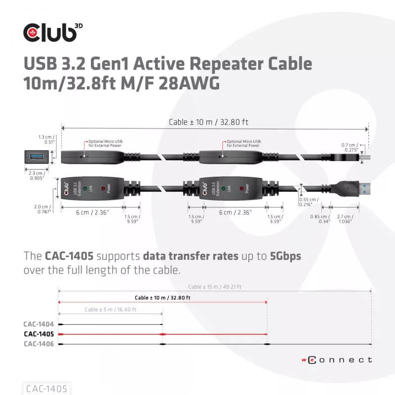 CLUB3D USB 3.2 Gen1 aktiivne korduvkaabel 10 m / 32.8ft M/F 28AWG