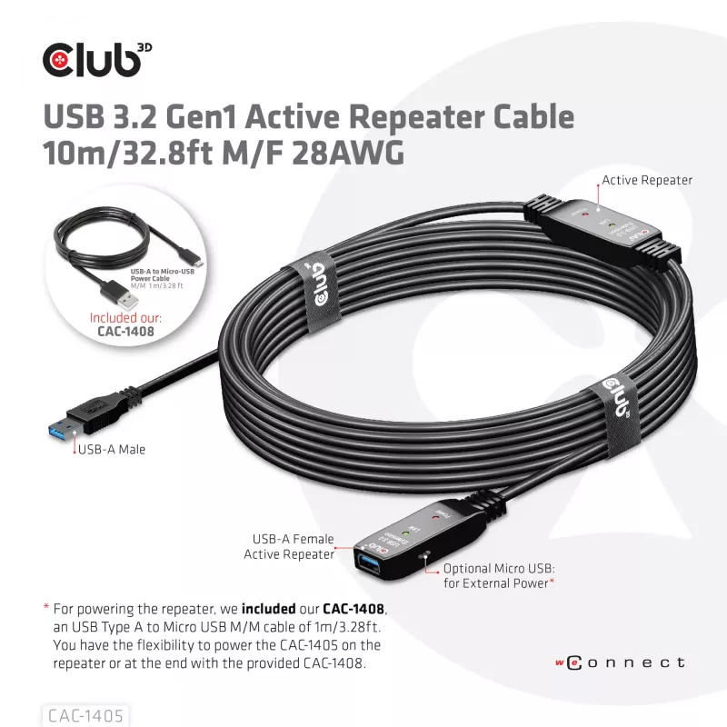 CLUB3D USB 3.2 Gen1 aktiivne korduvkaabel 10 m / 32.8ft M/F 28AWG