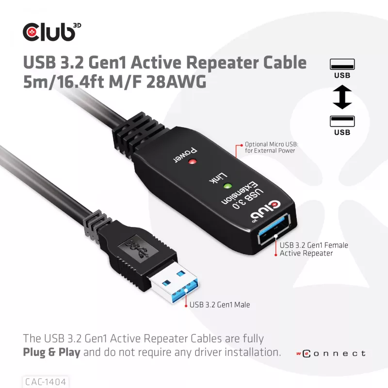 CLUB3D USB 3.2 Gen1 aktiivne repiiterkaabel 5 m / 16,4 jalga M/F 28AWG