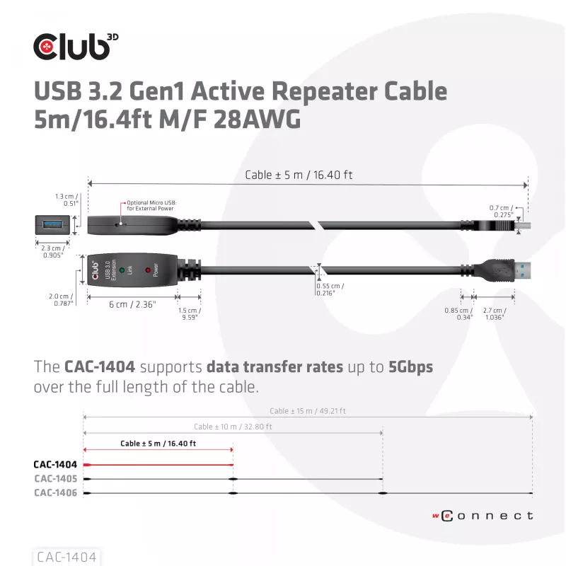 CLUB3D USB 3.2 Gen1 aktiivne repiiterkaabel 5 m / 16,4 jalga M/F 28AWG