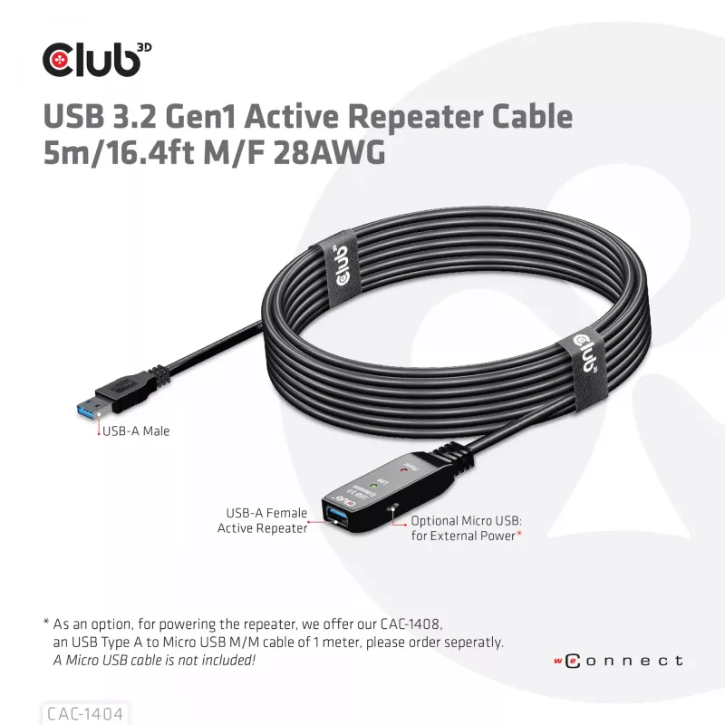 CLUB3D USB 3.2 Gen1 aktiivne repiiterkaabel 5 m / 16,4 jalga M/F 28AWG