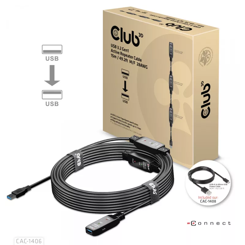 CLUB3D USB 3.2 Gen1 aktiivne korduskaabel 15 m/ 49.2 ft M/F 28AWG
