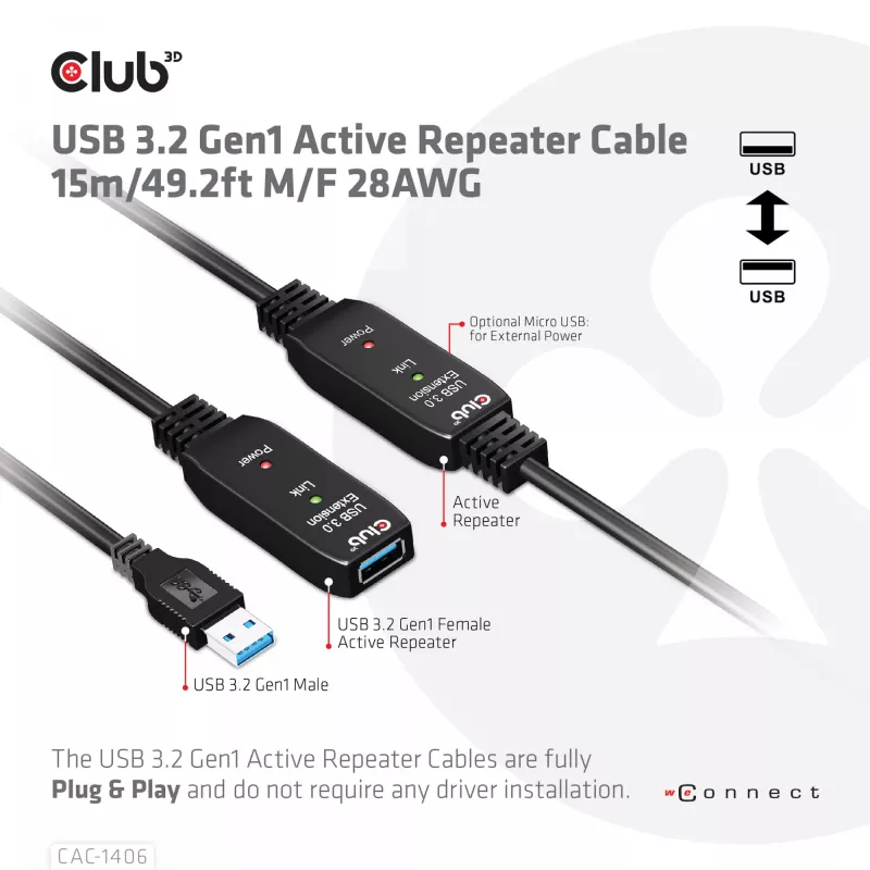 CLUB3D USB 3.2 Gen1 aktiivne korduskaabel 15 m/ 49.2 ft M/F 28AWG