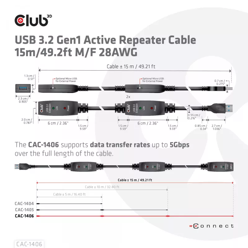 CLUB3D USB 3.2 Gen1 aktiivne korduskaabel 15 m/ 49.2 ft M/F 28AWG