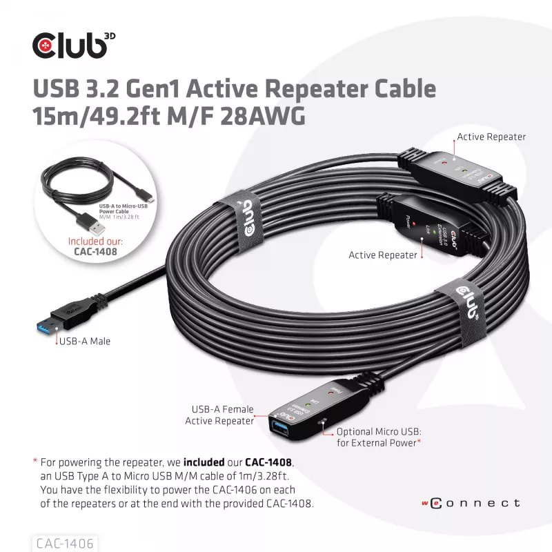 CLUB3D USB 3.2 Gen1 aktiivne korduskaabel 15 m/ 49.2 ft M/F 28AWG
